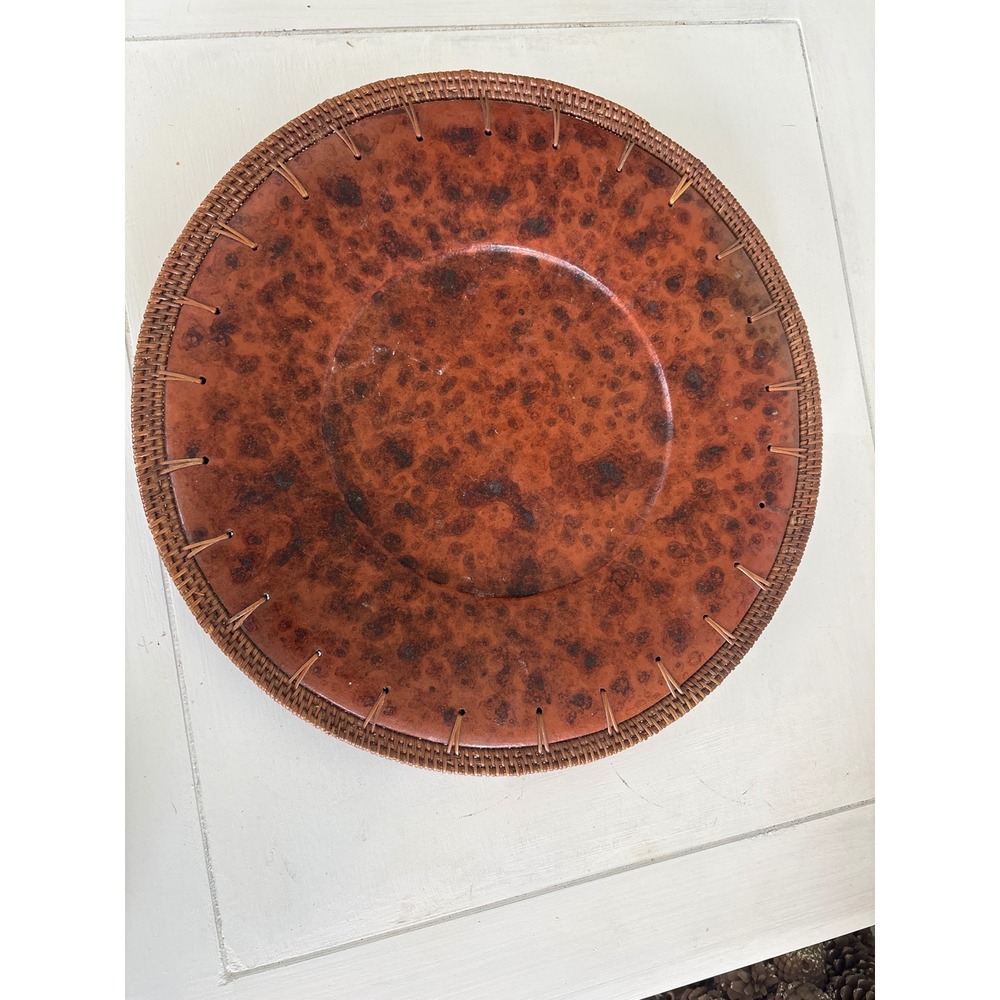 Vintage Late 20th Century Faux Tortoise Shell Plate with Woven Rattan Rim